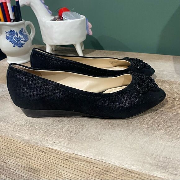 Alex Marie Black Leather Embellished Beaded Wedge Flats Size 9 - Picture 7 of 9